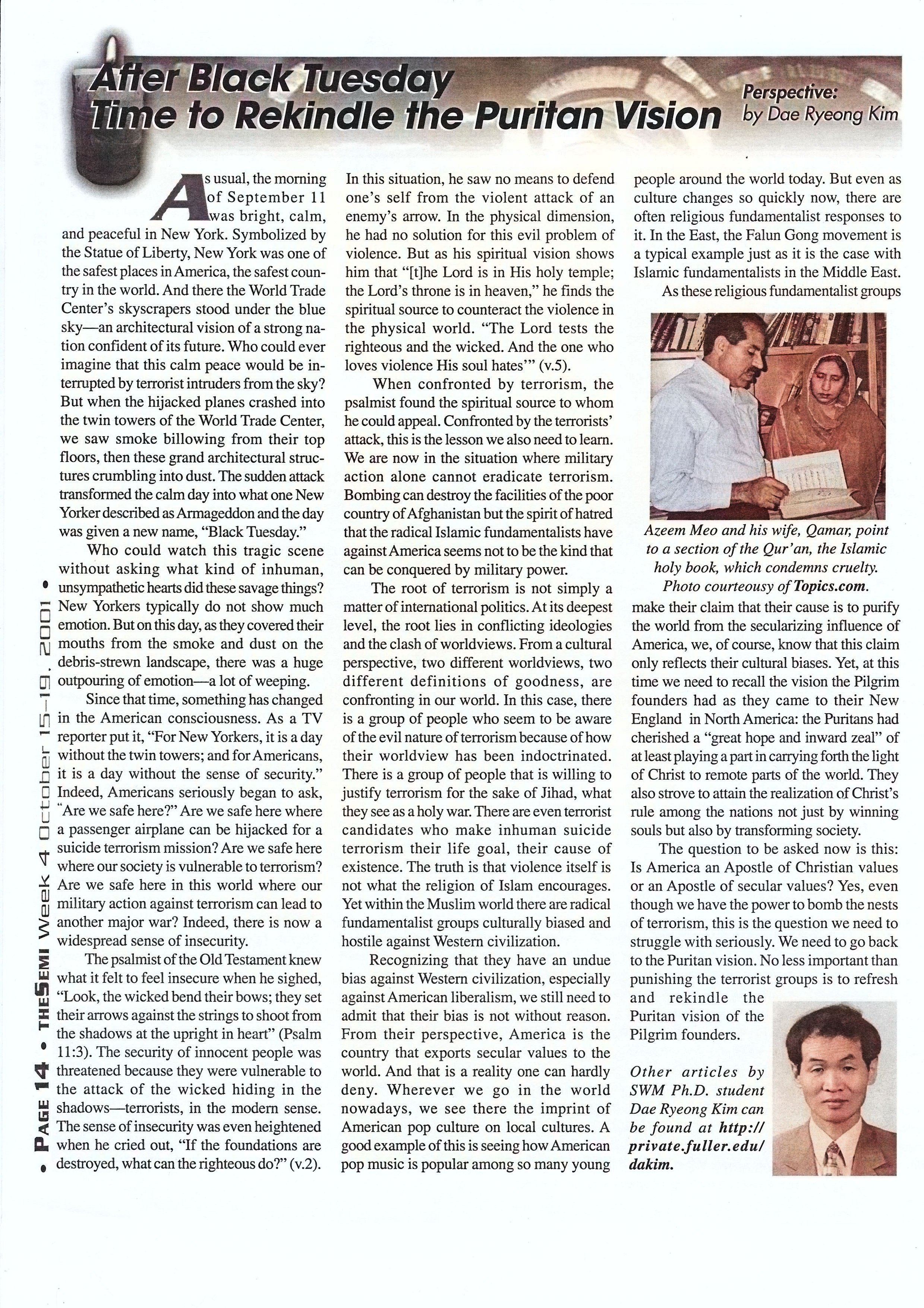 김대령 목사 영어 아티클 After Black Tuesday